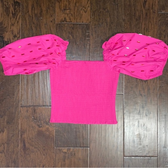 QUEEN OF SPARKLES Tops - Queen of Sparkles — Hot Pink Cotton Rhinestone Smocked Top — Medium—